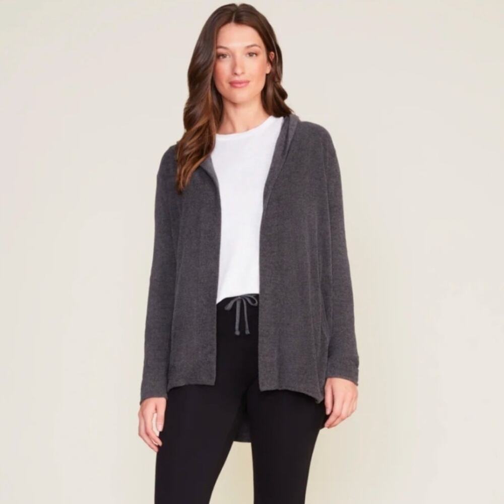 Barefoot Dreams CozyChic Lite Hooded Open Cardigan Carbon Gray Small - Picture 1 of 11